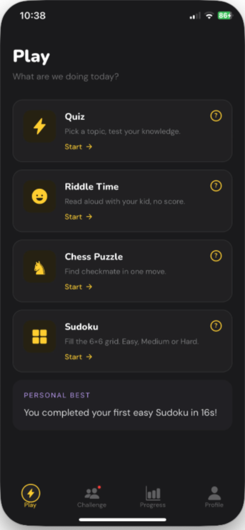 Current Jnaana Play screen with quiz, riddles, chess, and Sudoku